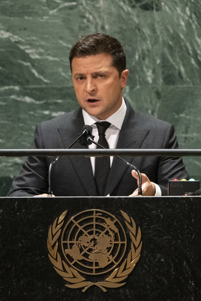 볼로디미르 젤렌스키 우크라이나 대통령이 22일 미국 뉴욕 유엔 본부에서 연설하고 있다. 뉴욕=AP 뉴시스