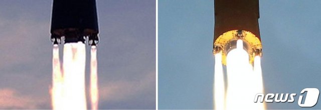 북한의 극초음속 미사일(극초음속 활공체(HGV) 탑재 미사일) ‘화성-형’(왼쪽)과 중거리탄도미사일 ‘화성-12형’의 로켓 엔진 배기구 (JSF 트위터 캡처) © 뉴스1
