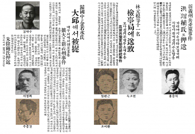 조선공산당 관련자 검거 소식을 전한 동아일보의 속보성 기사들. 기사에 검거되거나 압송된 사람들의 얼굴사진을
 넣었다. 오른쪽은 1925년 12월 13일자, 가운데는 12월 14일자, 왼쪽은12월 16일자이다.