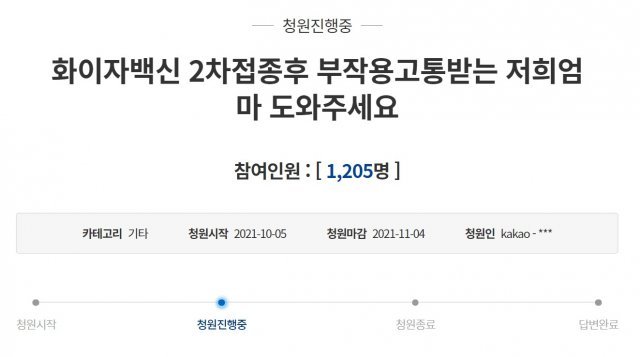 화이자 백신 2차 접종을 맞은 어머니가 맥박과 혈압이 급격히 오르는 증세를 보였다고 호소하는 청원글이 올라왔다. (청와대 국민청원 게시판 갈무리) © 뉴스1