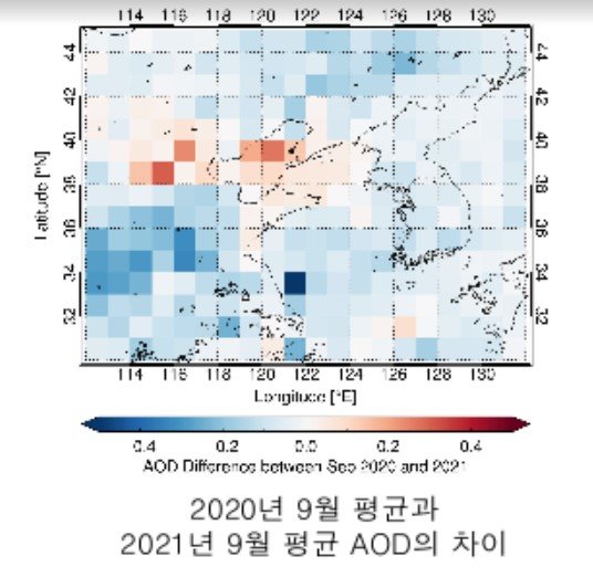 NASA 위성이 관측한 지난해 9월과 올해 9월 에어로졸 비교. 지난해보다 대기질이 좋아지면서 중국 내륙 곳곳이 파란색으로 표시됐다. 지난해보다 대기질이 나빠진 일부 지역은 빨간색으로 나타났다.