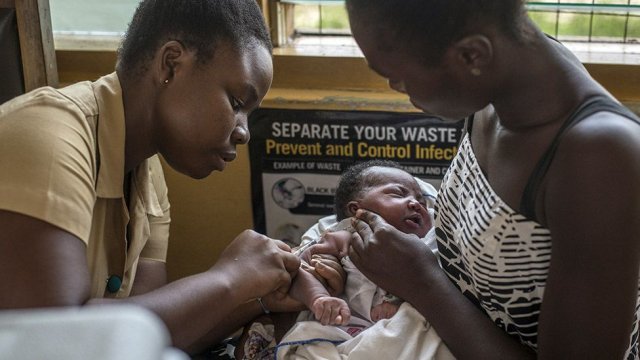 2019년 아프리카 가나에서 한 간호사가 아이에게 말라리아 백신을 접종하고 있다. BBC