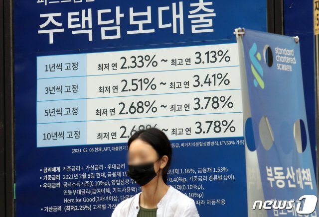 5일 서울 강남구 한 은행에 대출 관련 안내 광고가 붙어 있다. . 2021.10.5/뉴스1 © News1