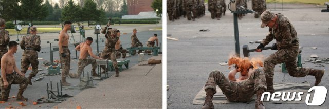 국방발전전람회 ‘자위-2021’ 개막식에 앞서 인민군전투원들이 격술시범을 선보이고 있다. (평양 노동신문=뉴스1)