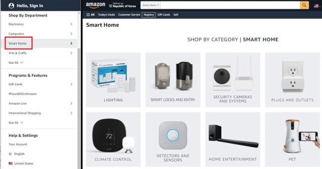아마존닷컴은 ‘스마트 홈’을 전자제품과 별도로 카테고리로 분류했다 (출처=아마존닷컴)