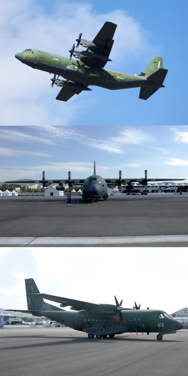 위에서부터 C-130J, C-130K(C-130H 전자장비 개량형), CN-235 수송기.