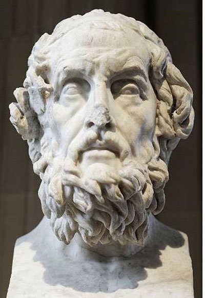 호메로스의 흉상(프랑스 파리 루브르 박물관 소장). 호메로스는 구전으로 전해진 트로이아 전쟁의 전설을 취해 ‘아킬레우스의 분노’라는 주제로 서사시 ‘일리아스’를 지었다. 출처 위키피디아