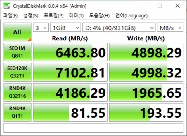 '크리스탈디스크마크' 테스트 결과. 인텔 i9-11900K, 에이수스 막시무스 XII 히어로 메인보드, 지스킬 트라이던트 DDR 32GB 시스템에서 테스트했다 (출처=IT동아)