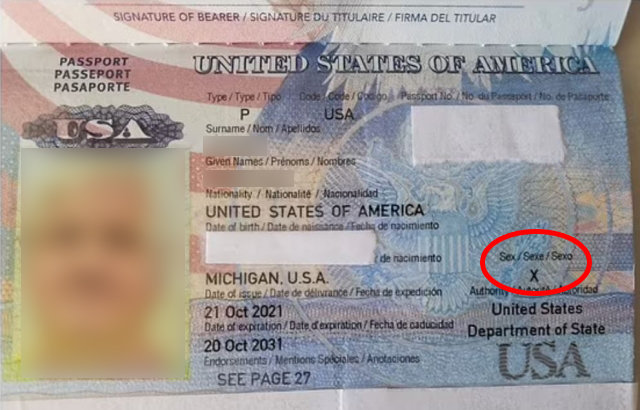 미국 국무부가 성별을 여성이나 남성이 아닌 ‘X’로 표시해 처음 발급한 여권의 모습. 데일리메일 캡처