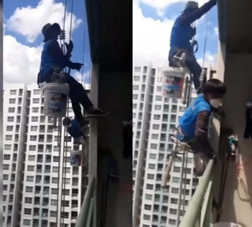 고층에서 작업 중이던 인부들이 26층으로 급히 대피하는 모습. (SNS 갈무리)  © 뉴스1