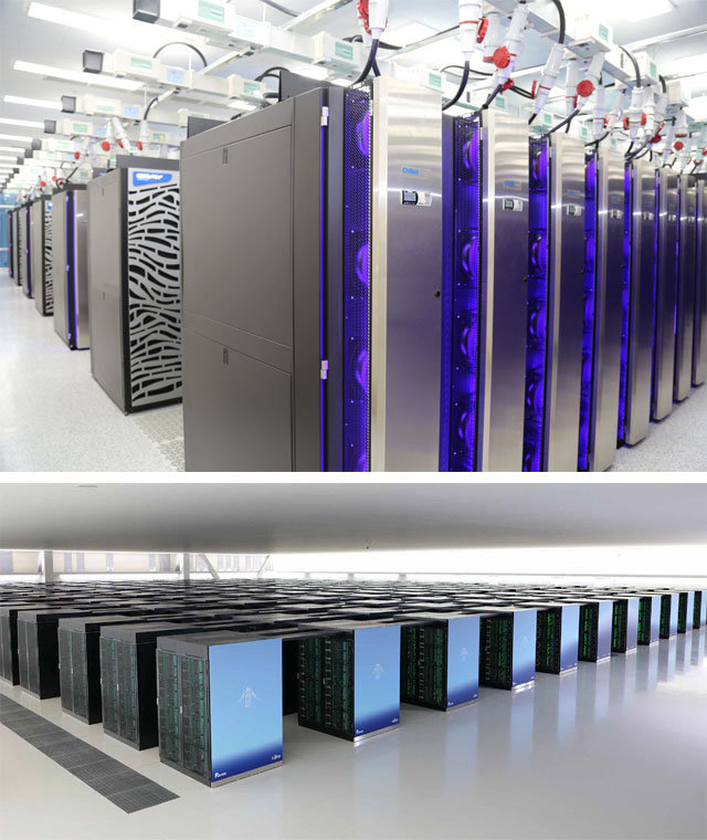 한국과학기술정보연구원(KISTI)의 슈퍼컴퓨터 5호기 ‘누리온’. 아래쪽은 전 세계 슈퍼컴퓨터 성능 1위에 올라 있는 일본의 슈퍼컴퓨터 ‘후가쿠’. KISTI·일본이화학연구소 제공