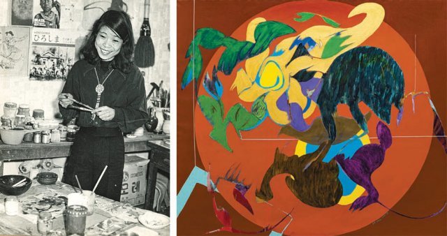 45세로 요절한 최욱경 작가(왼쪽 사진)는 올해 프랑스 퐁피두센터에서 개최된 ‘여성 추상미술가들’ 전시에 한국 작가로서 유일하게 포함됐다. 오른쪽 그림은 1977년 작 ‘줄타기’, 캔버스에 아크릴, 225×195cm. 삼성미술관 리움 소장. 국립현대미술관 제공