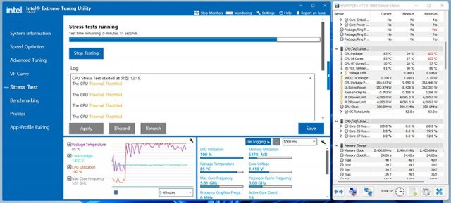 인텔 익스트림 튜닝 유틸리티(Intel XTU)를 활용해 인텔 코어 i9-12900K에 부하를 걸었다. 처음 동작 시 갑자기 발열이 빠르게 발생해 성능이 제한되는 쓰로틀링 현상이 발생했다. 이후  쿨러가 빠르게 돌며 쓰로틀링은 사라졌지만 온도가 비교적 높은 85~90도 사이에서 유지됐다. 출처=IT동아