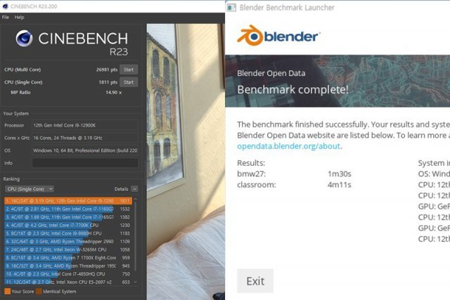 시네벤치 R23(좌측) 및 블랜더(우측) 결과 비교. 출처=IT동아