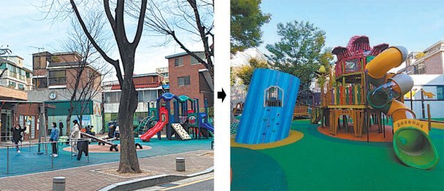 1970년 조성돼 2011년 마지막으로 정비됐던 서울 은평구 새록어린이공원(왼쪽 사진)이 8일 
‘창의어린이놀이터’로 탈바꿈해 재개장했다. 4월 노후화된 공원을 재단장하는 ‘도시놀이터 개선 사업’ 대상으로 선정된 뒤 서울시, 
은평구, 기업, 주민들이 힘을 합쳐 이곳을 재조성했다. 서울시 제공