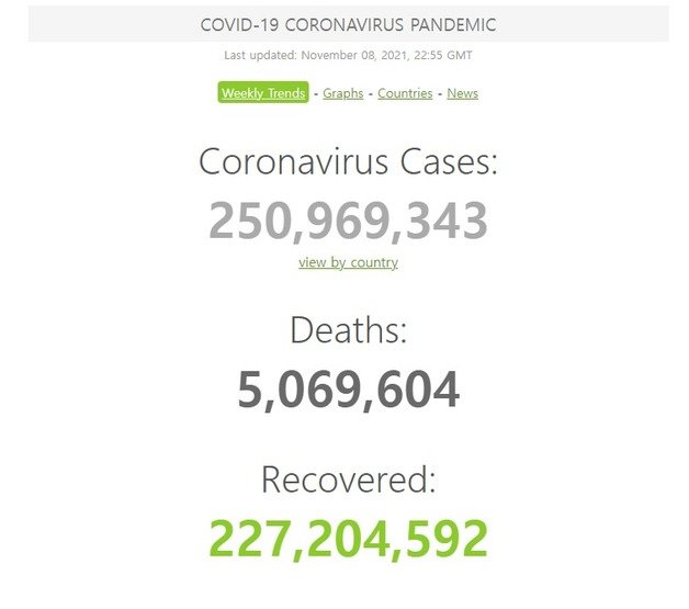 전 세계 코로나19 신규 확진자 수가 2021년11월8일 2억5000만 명을 넘었다. 9일 오전 기준 확진자 수는 2억5096만9343명이다. 월드오미터 갈무리