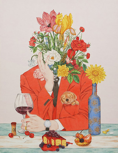 사람풍경-Flower Men 09(Red Wine)_117×153cm_ 비단에 채색_ 2021