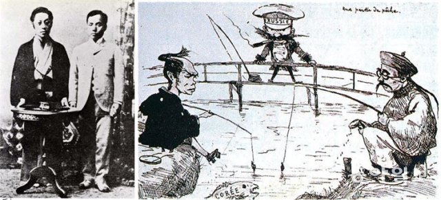 일본 망명 당시 일본 전통 복장을 입고 있는 김옥균(왼쪽사진 왼쪽). 오른쪽 그림은 프랑스인 조르주 비고가 1887년 2월 일본 잡지에 게재한 풍자만화 ‘낚시 놀이’. 일본, 청나라, 러시아가 호시탐탐 조선을 노리는 모습을 담았다. 김옥균이 꿰뚫어본 당시 세계의 모습도 이와 크게 다르지 않았다. 동아일보DB·위키미디어