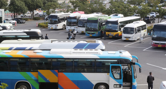 제주도는 화물차와 전세버스 등 민간부문의 요소수 재고량이 11월말이면 바닥을 드러낼 것으로 예측하고 있다. 드코로나(단계적 일상회복) 시행 후 첫 주말인 7일 오전 제주국제공항에서 단체 관광객들이 전세버스에 오르고 있다. 2021.11.7/뉴스1 © News1 오현지 기자