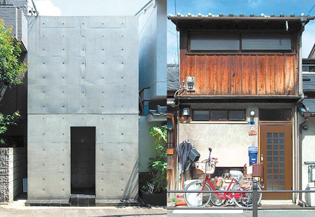 안도 다다오가 1976년 지은 주택 ‘스미요시 나가야’(왼쪽 사진). 전면이 좁은 나가야의 형식을 현대적으로 재해석했다. 오른쪽 사진은 안도가 어린 시절 자란 생가. 일본 전통 가옥 나가야 형식이다. 사진 출처 HeT 오사카건축