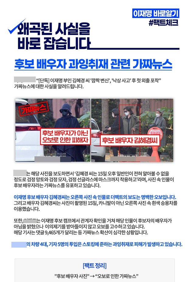 이재명 민주당 대선후보측은 16일 오후 ‘팩트체크’를 통해 이 후보 부인 김혜경씨 외출사진이 가짜라며 진짜 외출 사진(오른쪽)을 공개했다. (페이스북 갈무리) © 뉴스1
