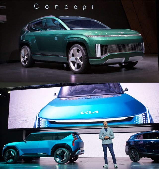 17일(현지 시간) 미국 로스앤젤레스에서 열린 ‘2021 LA 오토쇼’에서 현대자동차와 기아가 대형 SUV 전기차 콘셉트카 ‘세븐’(위쪽 사진)과 ‘더 기아 콘셉트 EV9’을 처음으로 공개했다. 현대자동차·기아 제공
