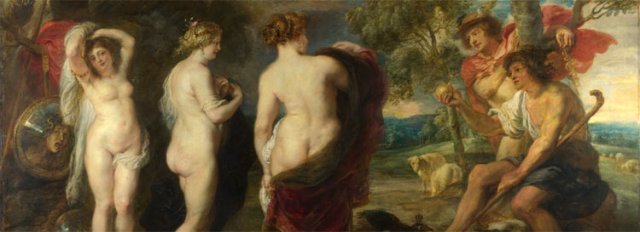 트로이 전쟁의 출발점이 된 ‘파리스의 심판’. 고대 그리스의 여신들은 모든 결정에 참여하고, 전쟁터를 누비며 남신들과 맞서 싸우는 데 거침이 없을 정도로 자유를 누리는 모습으로 그려졌다. 페테르 파울 루벤스, 1632∼1635. 영국 국립미술관 소장