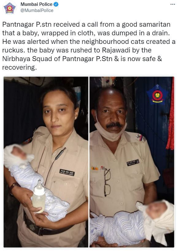 인도 뭄바이에서 태어난 지 5일만에 하수구에 버려진 여자아이가 기적적으로 구조됐다. (뭄바이 경찰 트위터 갈무리) © 뉴스1