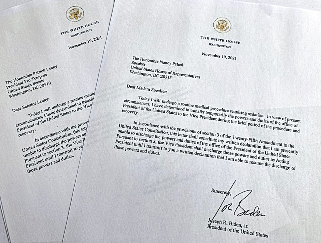 조 바이든 미국 대통령이 19일 카멀라 해리스 부통령에게 대통령 권한대행을 잠시 맡긴다며 상원과 하원 의장에게 보낸 서한. 워싱턴=AP 뉴시스