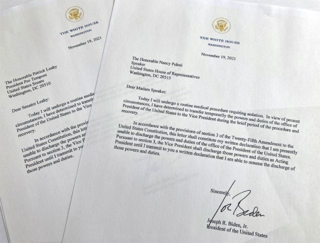 조 바이든 미국 대통령이 19일 카멀라 해리스 부통령에게 대통령 권한대행을 잠시 맡긴다며 상원과 하원 의장에게 보낸 서한. 워싱턴=AP 뉴시스