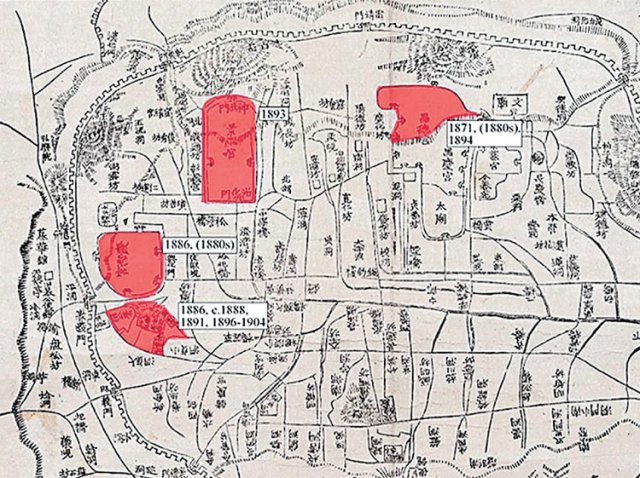 서울역사박물관이 보유한 1890년대에 제작된 한양도성 지도다. 당시 표범이 목격된 지역을 빨간색 영역으로 표시했다. 보존과학 프런티어 제공