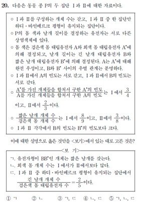 2022학년도 대학수학능력시험(수능) 생명과학 20번 문항. (한국교육과정평가원 제공)