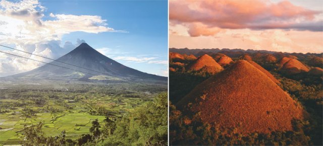 ‘세상에서 가장 완벽한 원뿔’로 불리는 필리핀 활화산 ‘마욘산’(왼쪽 사진). 키세스 초콜릿 모양 언덕 1200여 개가 모여 있는 보홀의 ‘초콜릿힐’. 필리핀관광청 제공