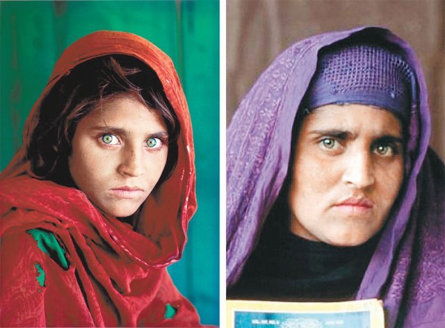 1985년 내셔널지오그래픽 잡지 표지에 실린 ‘아프가니스탄 소녀’ 샤르바트 굴라의 당시 표지 사진(왼쪽)과 2002년의 모습. 사진출처 내셔널지오그래픽