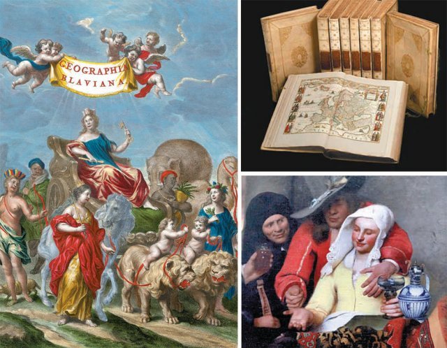 1662년에 제작된 ‘아틀라스 마이오르’ 네덜란드어 판본(오른쪽 위 사진). 책 제1권의 권두삽화(왼쪽 사진)를 보면 고전주의가 당시 네덜란드 회화와 인쇄물에도 큰 영향을 미쳤음을 알 수 있다. 책에는 특히 빨강, 노랑, 파란색이 주로 쓰였는데 이는 얀 페르메이르가 그린 풍속화 ‘뚜쟁이’의 부분(오른쪽 아래 사진)을 보면 일상에서 많이 볼 수 있는 색이란 걸 알 수 있다. 모요사 제공