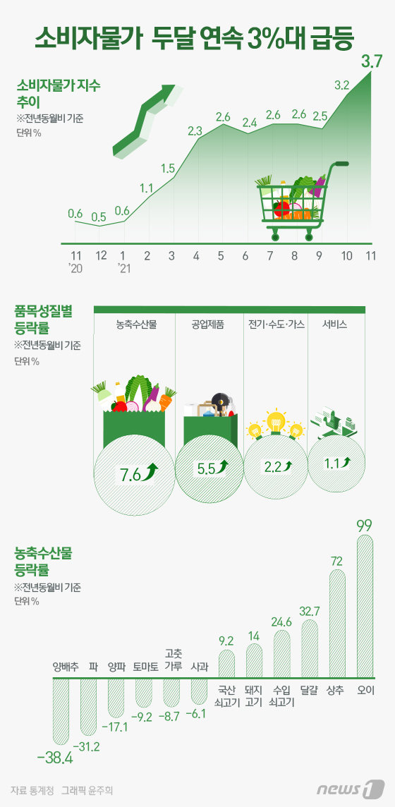 2일 통계청이 발표한 ‘2021년 11월 소비자물가 동향’에 따르면 지난 달 소비자 물가 지수는 전년 동월 대비 3.7% 상승했다. 지난 10월(3.2%)에 이은 두달 연속 3%대 상승이기도 하다.11월 물가는 전반적으로 석유류를 포함한 공업제품과 농축수산물, 통신비·집세 등의 서비스, 전기·수도·가스 등이 모두 상승했다. © News1