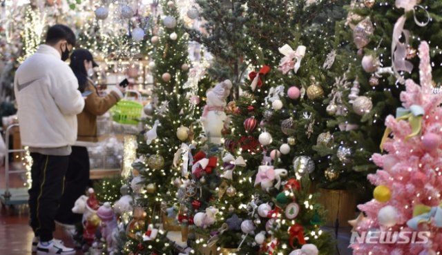 대구 북구 칠성동 꽃 백화점을 찾은 시민들이 다양한 크리스마스 트리와 소품을 살펴보고 있다. 사진=뉴시스