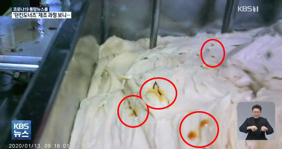 밀가루 반죽에 누런 물질이 잔뜩 떨어져 있는 듯한 모습. KBS뉴스 방송화면 캡처