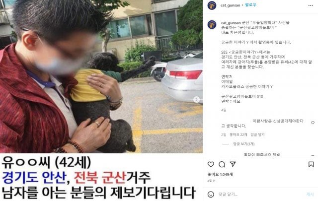 전북 군산에서 입양한 강아지 십여 마리를 학대하고 살해·유기한 혐의를 받는 40대 남성이 누리꾼들의 공분을 사고 있다. 군산길고양이돌보미 인스타그램 캡처
