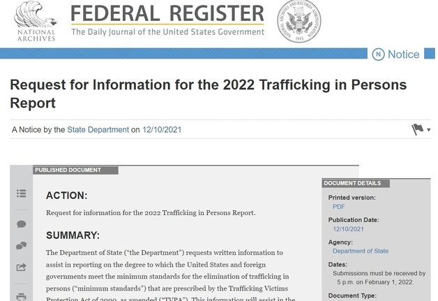 미국 연방관보 홈페이지에 게재된 ‘2022년 인신매매 보고서를 위한 정보 요청’ 일부.(미국 연방관보 홈페이지 갈무리)© 뉴스1