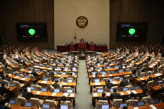 정기국회 마지막 날인 9일 오후 서울 여의도 국회에서 열린 본회의에서 ‘대장동 방지 3법’ 중 하나인 주택법 일부개정법률안(대안)이 가결되고 있다. 2021.12.9/뉴스1