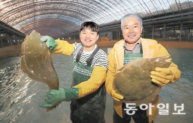 13일 전남 완도군 완도읍 죽청리 광어 양식장에서 4년 전 귀어한 최진성 씨(왼쪽)와 전남서부어류양식조합을 이끌고 있는 김양곤 조합장이 출하를 앞둔 광어를 들어보이고 있다. 완도=박영철 기자 skyblue@donga.com