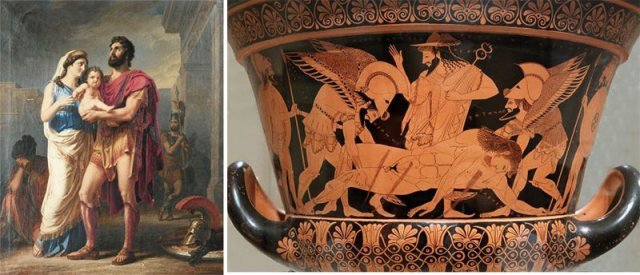 전투에 나가기 전 헥토르의 모습을 그린 카를 프리드리히 데클러 작 ‘안드로마케와 아스티아낙스에게 이별을 고하는 헥토르’(왼쪽 사진)와 사르페돈의 시신이 죽음의 신과 잠의 신에 의해 고향으로 옮겨지는 그림이 실린 기원전 515년 무렵 제작된 술동이. ‘일리아스’에서 헥토르와 사르페돈은 패배자가 아닌 자신의 의무를 다한 영웅으로 그려진다. 사진 출처 위키미디어