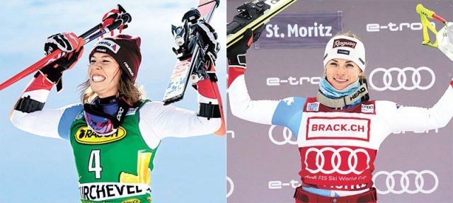 미셸 기진(스위스)과 라라 구트베라미(스위스)가 각각 대회전과 슈퍼대회전에서 3위와 1위를 차지한 뒤 기뻐하고 있다. 사진 출처 쿠르슈벨=AP 뉴시스
