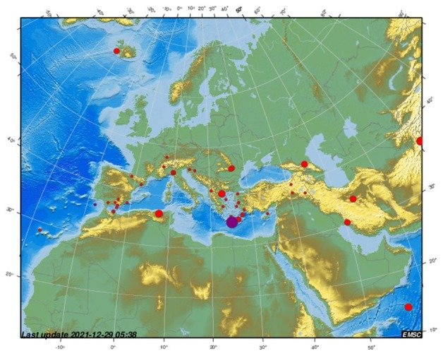 29일(현지시간) 그리스 크레타섬에서 규모 5.6의 지진이 발생했다. © 뉴스1(유럽지중해 지진센터 자료 제공)