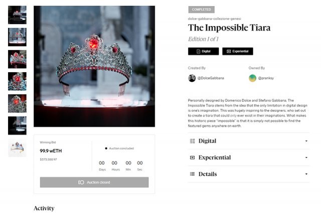 D&G가 NFT로 발행한 가상의 왕관 \'The Impossible Tiara\', 실존하지 않는 디지털 재화임에도 약 37만 달러(약 4억 원)에 낙찰됐다. 출처=UNXD
