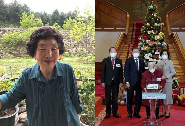김밥 장사로 모은 전 재산을 기부한 박춘자 할머니는 지난해 9월 ‘LG의인상’을 수상했으며, 12월에는 청와대에서 열린 ‘2021 기부·나눔단체 초청행사’에 초대받았다. © 뉴스1