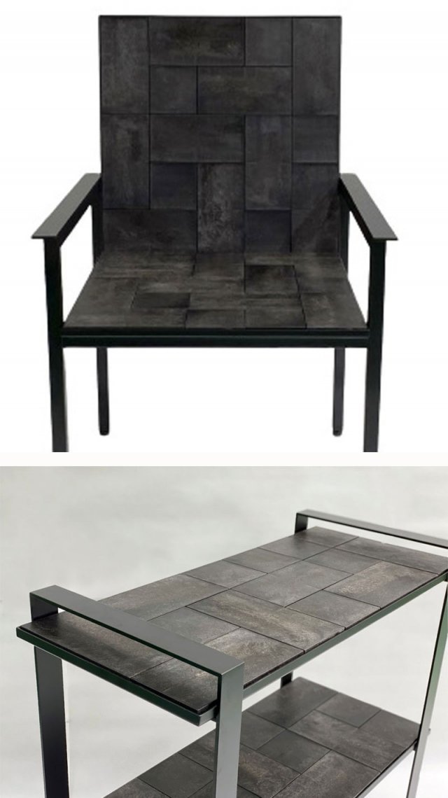 사회적기업 포이엔이 커피 찌꺼기로 만든 의자(위쪽 사진)와 테이블(아래쪽 사진). 포이엔 제공