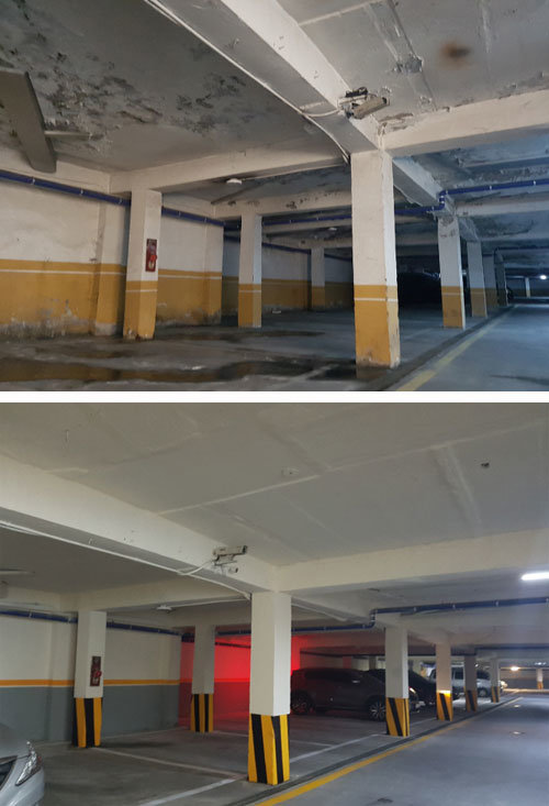 경기 안산시에 있는 한 연립주택이 지은 지 30년이 지나 주차장 도색이 벗겨졌다(위 사진). 경기도가 ‘소규모 공동주택 유지관리지원’ 사업을 통해 주차장 도색을 깔끔히 마무리했다(아래 사진). 경기도 제공
