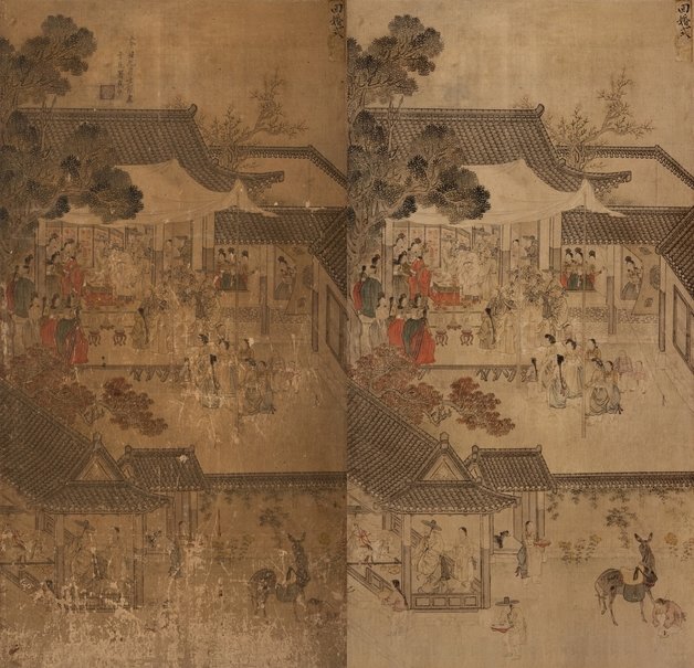 평생도 회혼식 원본(왼쪽), 복원본. 국립중앙박물관